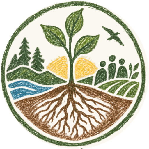 Foundations of Life emblem: a seedling rooted in living soil, with forest, water, sun, fields, and people